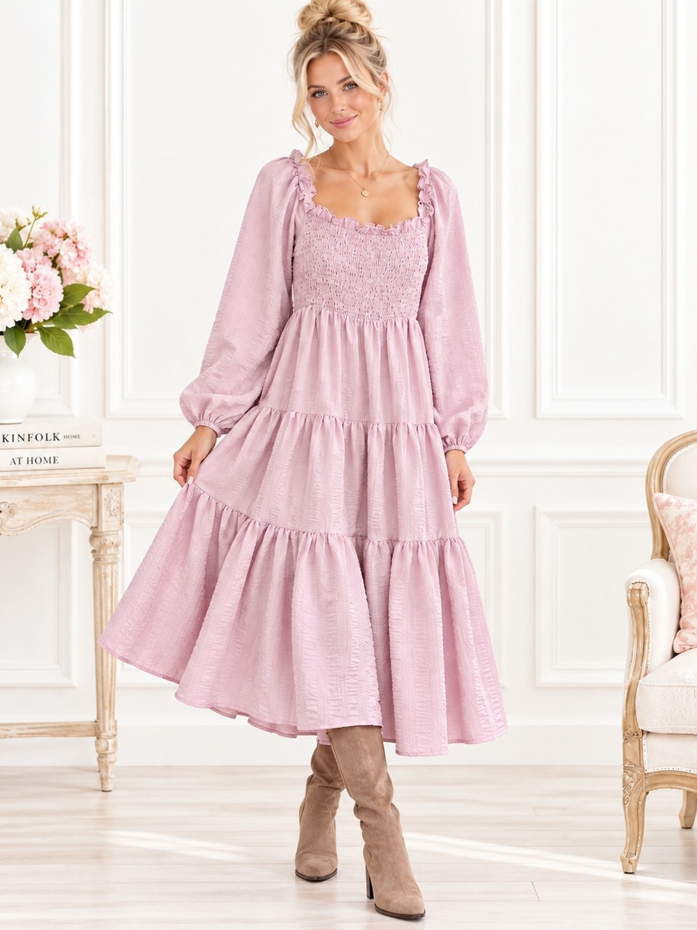 NWT Urban Outfitters Pink Smocked Tiered Midi Dress | Cottagecore | Size Large
